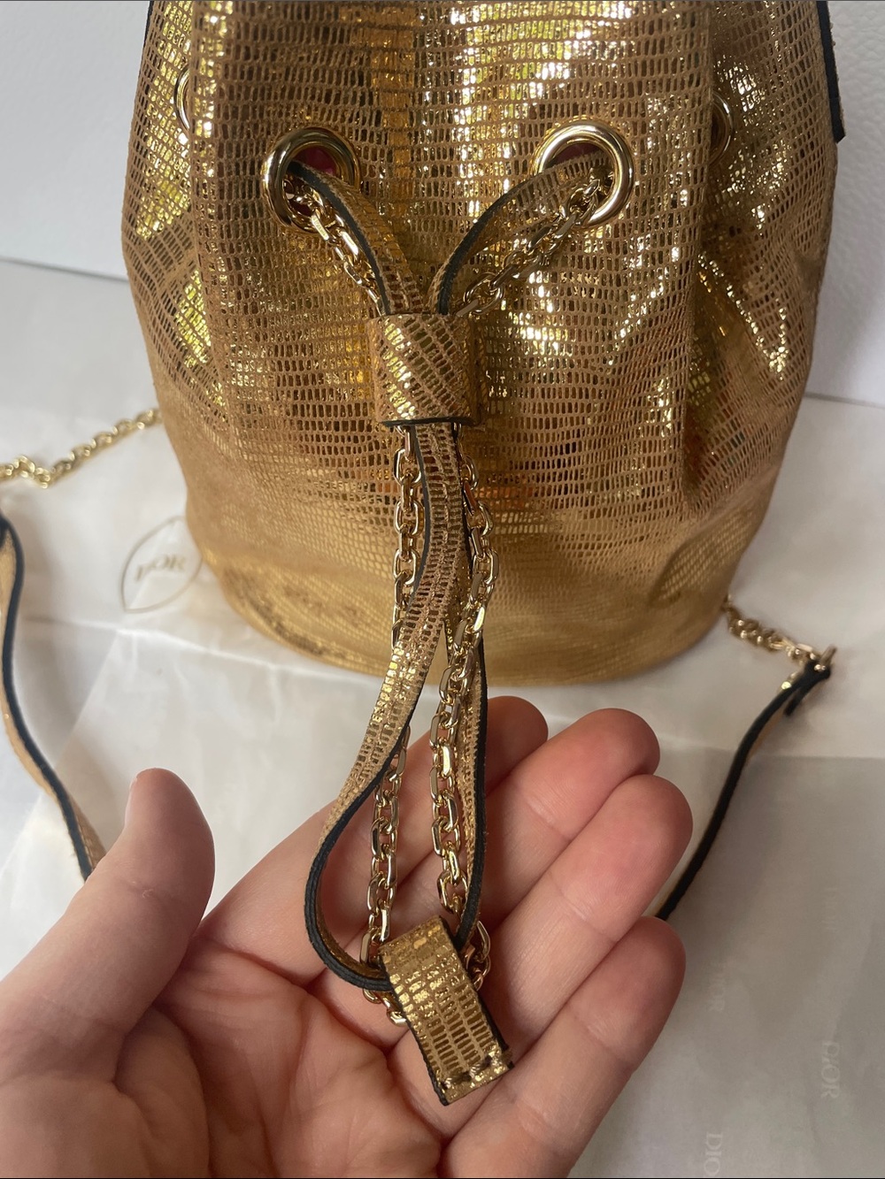 Authentic Gianni Chiarini Gold Chain Accent Bucket Bag Luxury Shoulder Crossbody - Picture 3 of 14